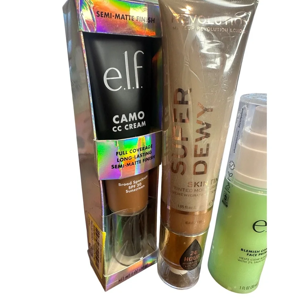ELF Camo CC Cream Tan 370W Revolution Superdewy Skin Tint Caramel & Primer Set